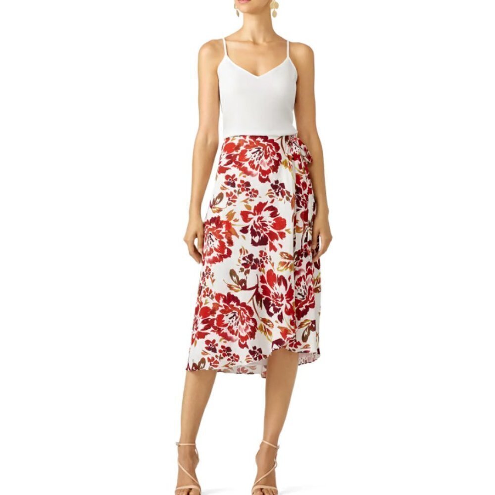 Lovers + Friends Red Printed Floral Rayon Wrap Skirt Size Small